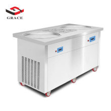 Commercial equipment double flat pan fried ice cream machine with 6 fruit containers ice cream roll machine
